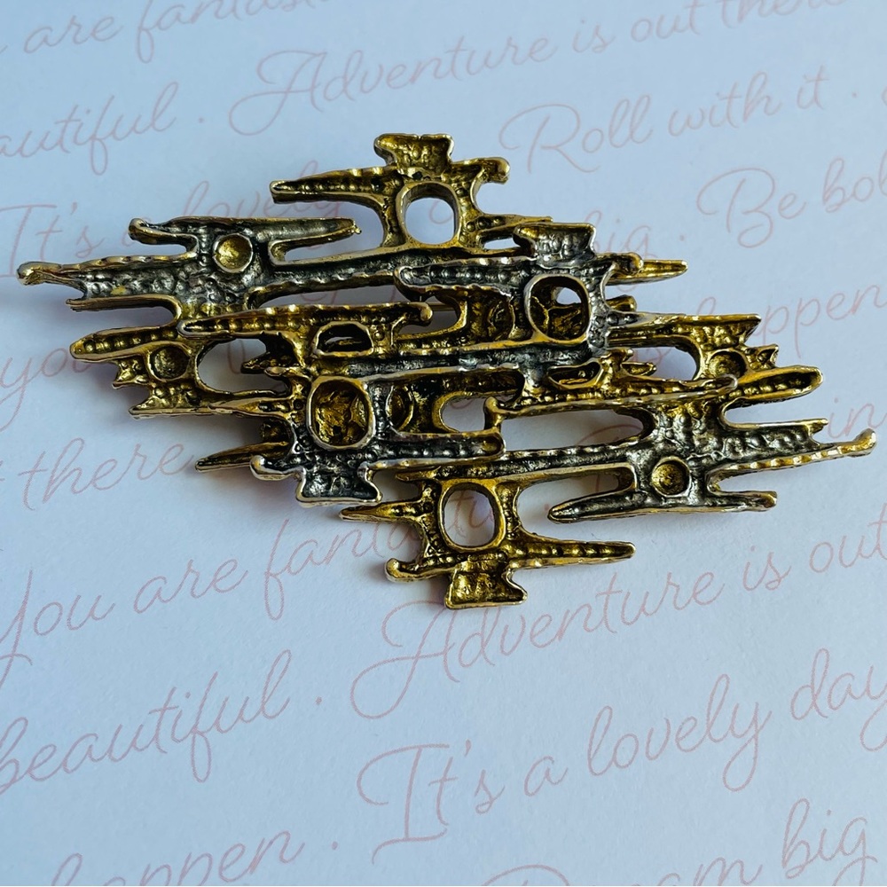 ART Signed Vintage Abstract Modernist Gold-Silver Tone Metal Brooch 3" L